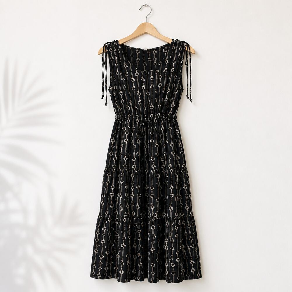 EQL by Kerrits Soft Breeze Dress Women's Medium Black Midi Tie Waist Tiered